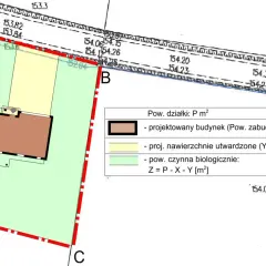 Mapa z oznaczeniem projektowanego budynku i terenów zielonych, kluczowa dla decyzji o warunkach zabudowy.