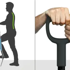 Ergonomiczna szufla z uchwytem, który zapewnia prawidłową postawę podczas pracy. Dwie dłonie pewnie chwytają rękojeść.