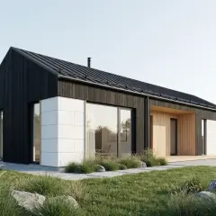 Nowoczesny dom z czarną elewacją i drewnianymi elementami. Zastanawiasz się, ile kosztuje ocieplenie domu 200m2?
