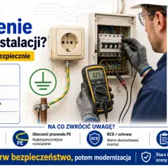 Elektryk z multimetrem sprawdza instalację elektryczną. Poradnik o uziemieniu w starych instalacjach, podkreślający bezpieczeństwo i analizę stanu przewodów PE.