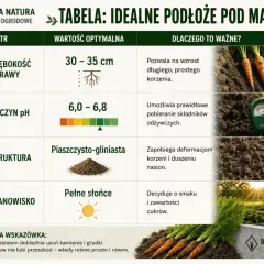 Tabela podpowiada, kiedy siać marchew: głębokość 30-35 cm, pH 6,0-6,8, gleba piaszczysto-gliniasta i pełne słońce.