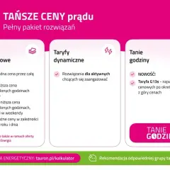 Tauron oferuje taryfy prądu, w tym G11 z jedną ceną przez całą dobę, oraz taryfy dynamiczne i tanie godziny.
