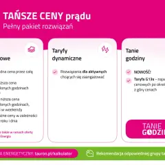 Tauron oferuje taryfy prądu: podstawowe (G11, G12, G12w, G13), dynamiczne i tanie godziny, w tym nowość: taryfa G13s.