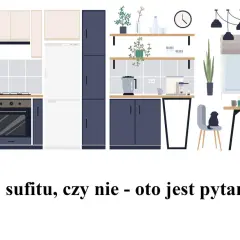 Nowoczesna kuchnia z ciemnogranatowymi szafkami i jasnymi blatami. Rozważamy wymiary szafek kuchennych, by idealnie dopasować je do przestrzeni.