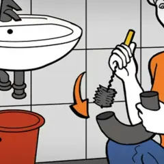 Kobieta czyści zatkany zlew. Trzyma szczotkę do rur i wiadro.