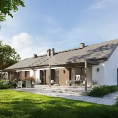 Nowoczesny dom jednorodzinny dwulokalowy z tarasem i ogrodem, idealny dla dwóch rodzin.