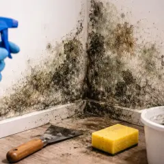 Rękawiczka w niebieskiej rękawicy trzyma butelkę z rozpylaczem, celując w narożnik ściany pokryty pleśnią. Obok leżą szpachelka, gąbka i wiadro.