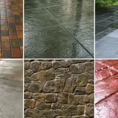 Różne nawierzchnie: kolorowa kostka, ciemne płyty, kamienna ściana, beton i czerwona kostka – wszystkie mają piękny efekt mokrej kostki.