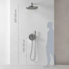 Wysokość baterii prysznicowej: deszczownica 200-220 cm, panel sterujący 110-130 cm. Idealne dopasowanie do wzrostu.