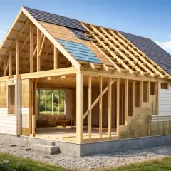 Budowa domu z dachem dwuspadowym 200m2. Widoczna konstrukcja drewniana, izolacja ścian i częściowe pokrycie dachu.