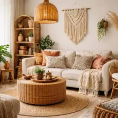 Przytulny salon w stylu boho: pleciony stolik, wiklinowe meble, makrama i mnóstwo roślin tworzą relaksującą atmosferę.