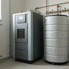 Nowoczesny bufor do pieca na pellet, obok zasobnika wody i grzejnika, tworzy efektywny system grzewczy.