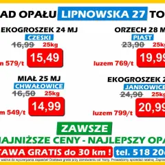 Cena węgla na składach w Toruniu: ekogroszek od 15,49 zł/25kg, orzech od 19,99 zł/25kg, miał od 14,99 zł/25kg. Dostawa gratis!