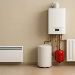 Nowoczesny system ogrzewania elektrycznego: kocioł, zasobnik, grzejnik i panel ścienny.