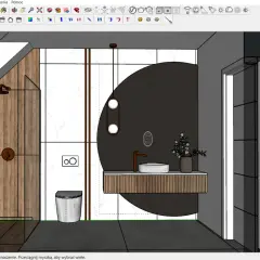 Nowoczesny program do projektowania łazienki. Widok 3D prysznica, toalety i umywalki z drewnianymi elementami.