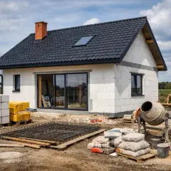 Budowa domu 80 m. Na placu budowy widać betonowe pustaki, zbrojenie, cement i betoniarkę.