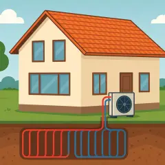 Dom z pompą ciepła. System geotermalny z rurami w ziemi, podłączony do jednostki zewnętrznej. Scop na ekologiczne ogrzewanie.
