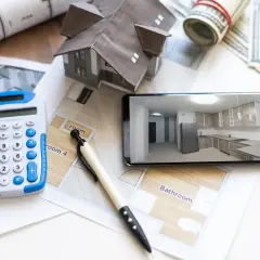 Planowanie remontu: kalkulator, makieta domu, wizualizacja kuchni na telefonie i pieniądze.