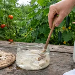 Przygotowanie oprysku z drożdży do ogrodu. Na drewnianym stole kostki drożdży, słoik z wodą i drewniana łyżka. W tle dojrzewające pomidory i ogórki.