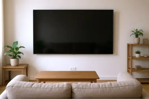 Minimalistyczny salon z dużym telewizorem zamontowanym na ścianie. Na jakiej wysokości telewizor? Idealnie, aby środek ekranu znajdował się na wysokości oczu siedzącej osoby.