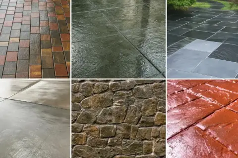 Różne nawierzchnie: kolorowa kostka, ciemne płyty, kamienna ściana, beton i czerwona kostka – wszystkie mają piękny efekt mokrej kostki.