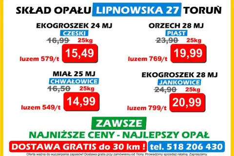 Cena węgla na składach w Toruniu: ekogroszek od 15,49 zł/25kg, orzech od 19,99 zł/25kg, miał od 14,99 zł/25kg. Dostawa gratis!