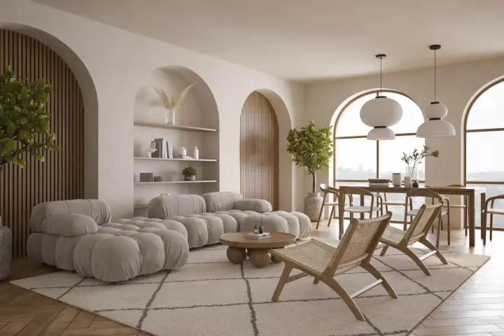 Jasne, oto opis:

Miękka sofa w kolorze alabastru i plecione fotele tworzą przytulną przestrzeń. W tle jadalnia z drewnianym stołem i krzesłami.