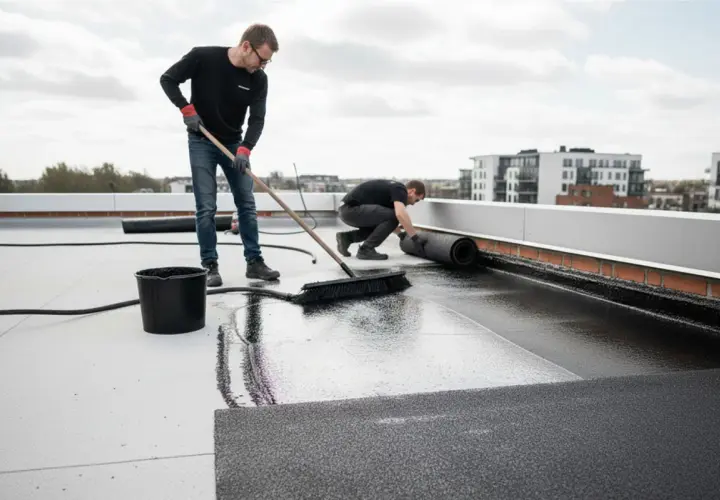 Dwóch mężczyzn układa abizol na dachu. Jeden rozwałkowuje materiał, drugi zamiata.