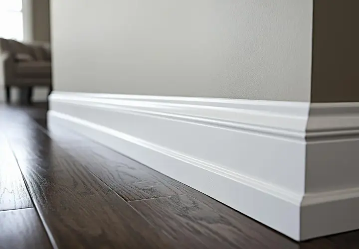 Biały, ozdobny cokół tworzy elegancką linię między ciemną, drewnianą podłogą a jasną ścianą.
