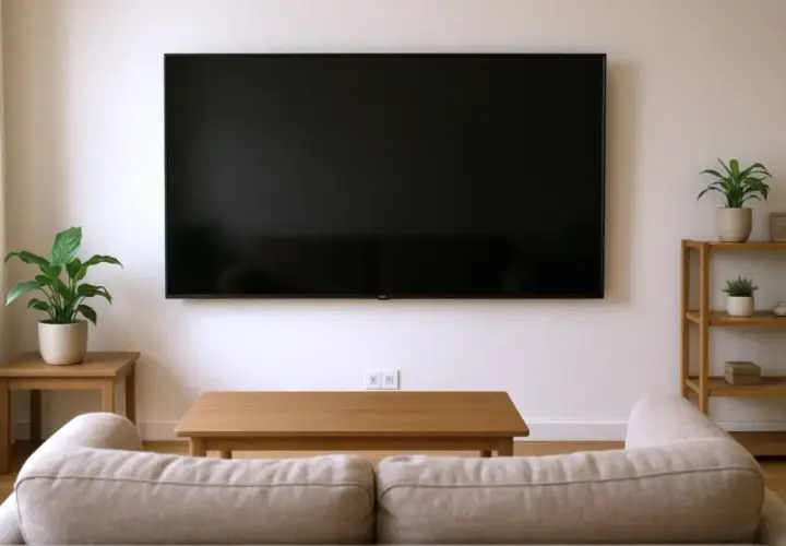 Minimalistyczny salon z dużym telewizorem zamontowanym na ścianie. Na jakiej wysokości telewizor? Idealnie, aby środek ekranu znajdował się na wysokości oczu siedzącej osoby.
