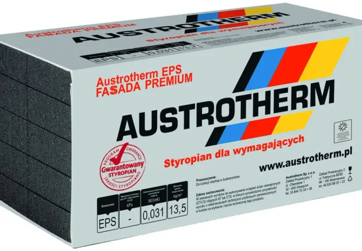 Opakowanie styropianu Austrotherm EPS Fasada Premium, idealne do izolacji wymagających budynków.