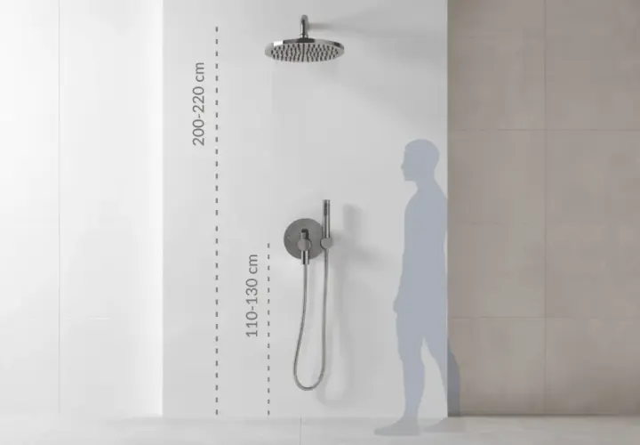Wysokość baterii prysznicowej: deszczownica 200-220 cm, panel sterujący 110-130 cm. Idealne dopasowanie do wzrostu.