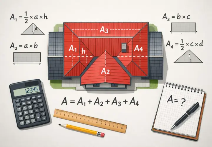 Ilustracja pokazuje, jak obliczyć powierzchnię dachu, dzieląc go na prostokąty i trójkąty. Obok domu znajdują się wzory matematyczne i przybory do mierzenia.
