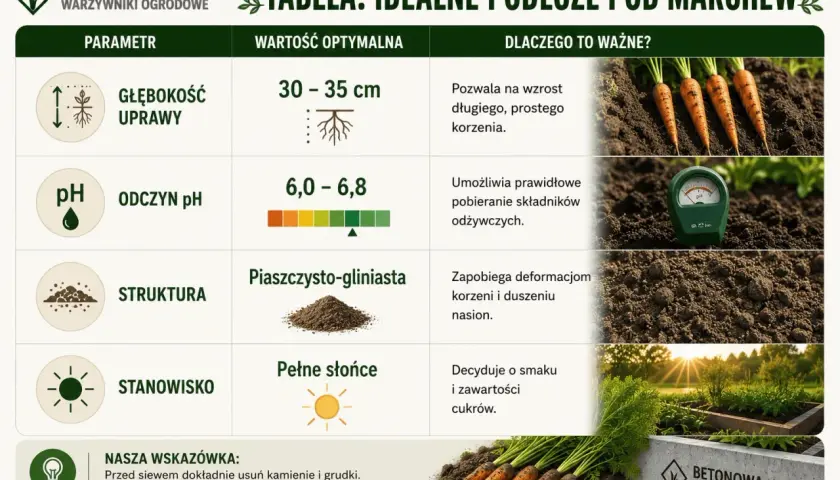 Tabela podpowiada, kiedy siać marchew: głębokość 30-35 cm, pH 6,0-6,8, gleba piaszczysto-gliniasta i pełne słońce.