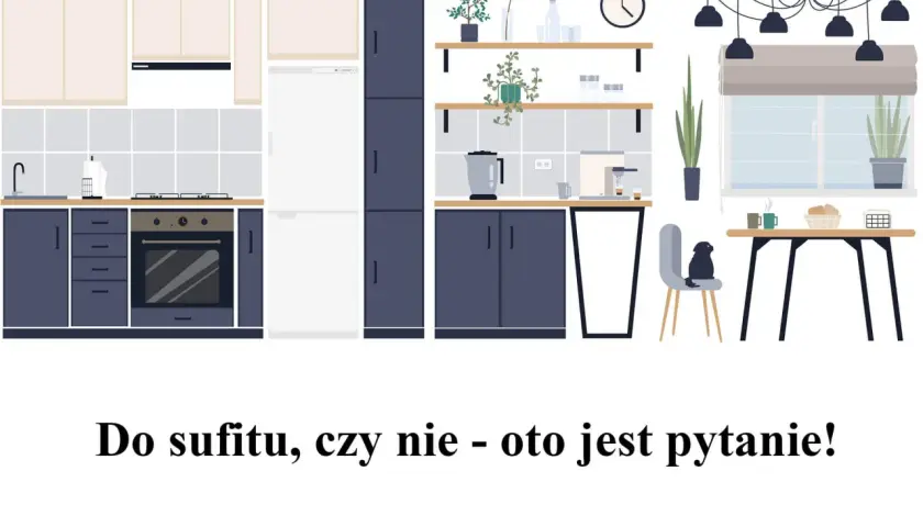 Nowoczesna kuchnia z ciemnogranatowymi szafkami i jasnymi blatami. Rozważamy wymiary szafek kuchennych, by idealnie dopasować je do przestrzeni.