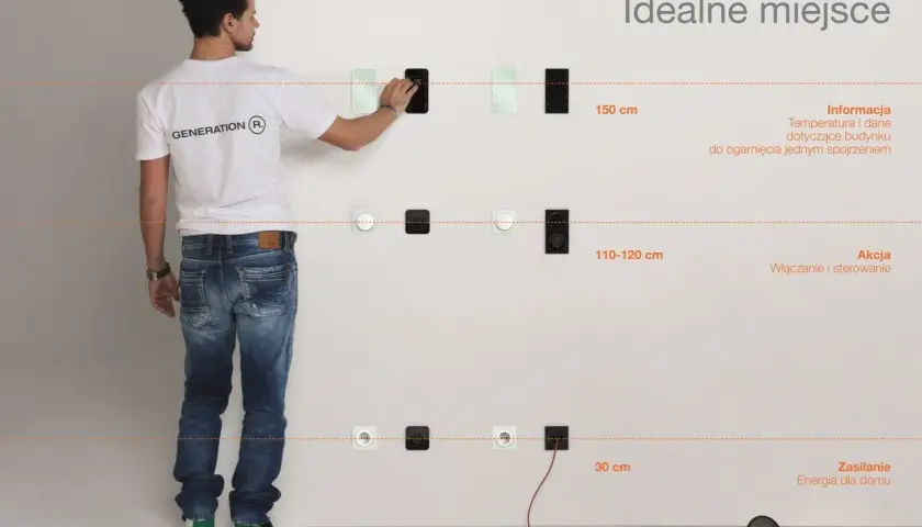 Mężczyzna pokazuje na jakiej wysokości gniazdka są idealne: 150 cm dla informacji, 110-120 cm dla akcji, 30 cm dla zasilania.
