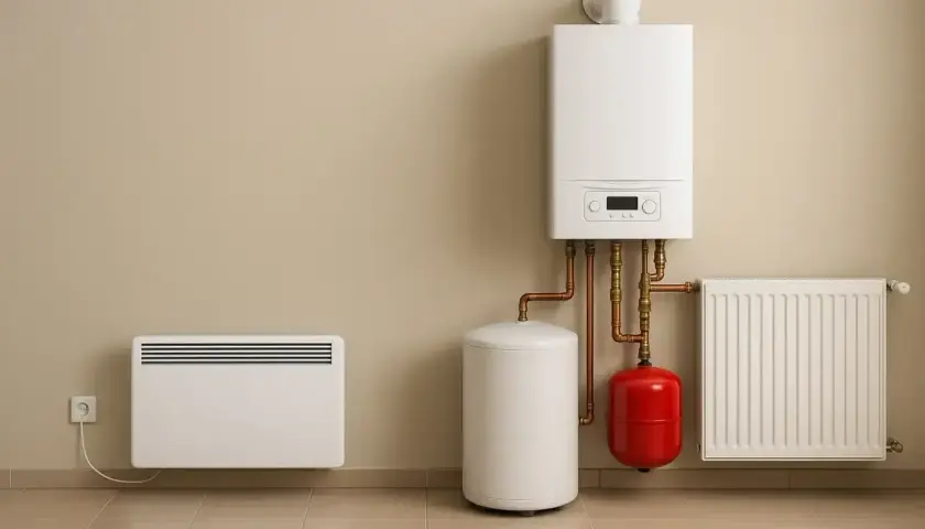 Nowoczesny system ogrzewania elektrycznego: kocioł, zasobnik, grzejnik i panel ścienny.