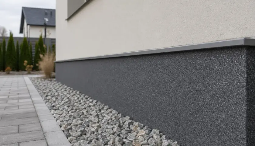 Nowoczesny cokół na elewacji domu, wykończony ciemnoszarym tynkiem mozaikowym, otoczony kamieniami ozdobnymi i płytkami chodnikowymi.
