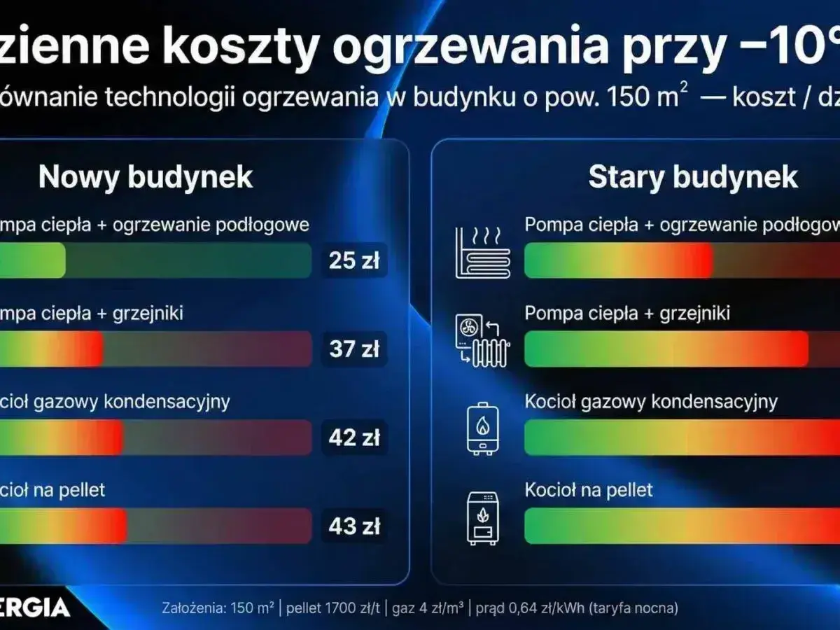 Porównanie kosztów ogrzewania: nowy vs stary budynek. Kocioł gazowy kondensacyjny w starym budynku to 42 zł/dzień.