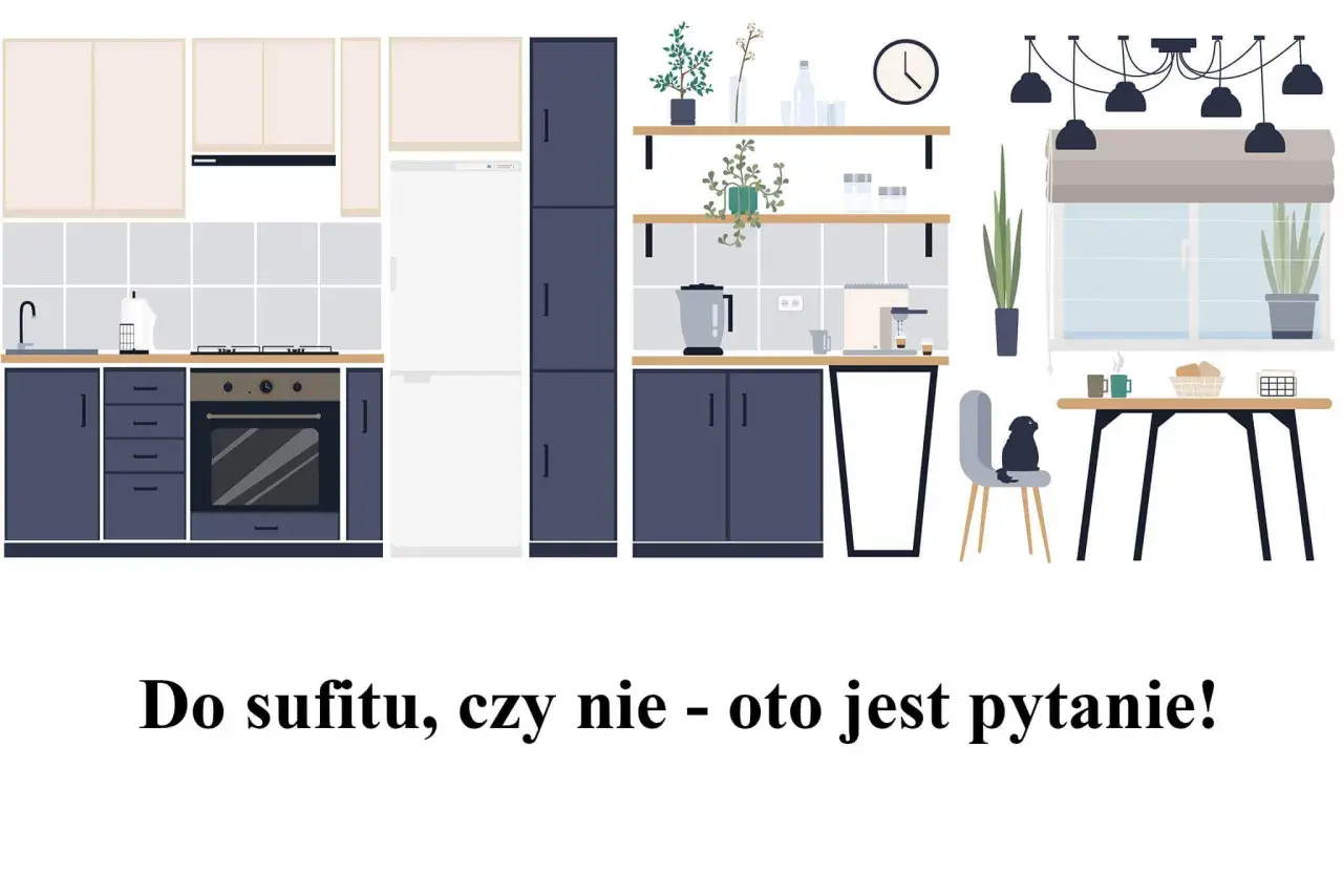 Nowoczesna kuchnia z ciemnogranatowymi szafkami i jasnymi blatami. Rozważamy wymiary szafek kuchennych, by idealnie dopasować je do przestrzeni.