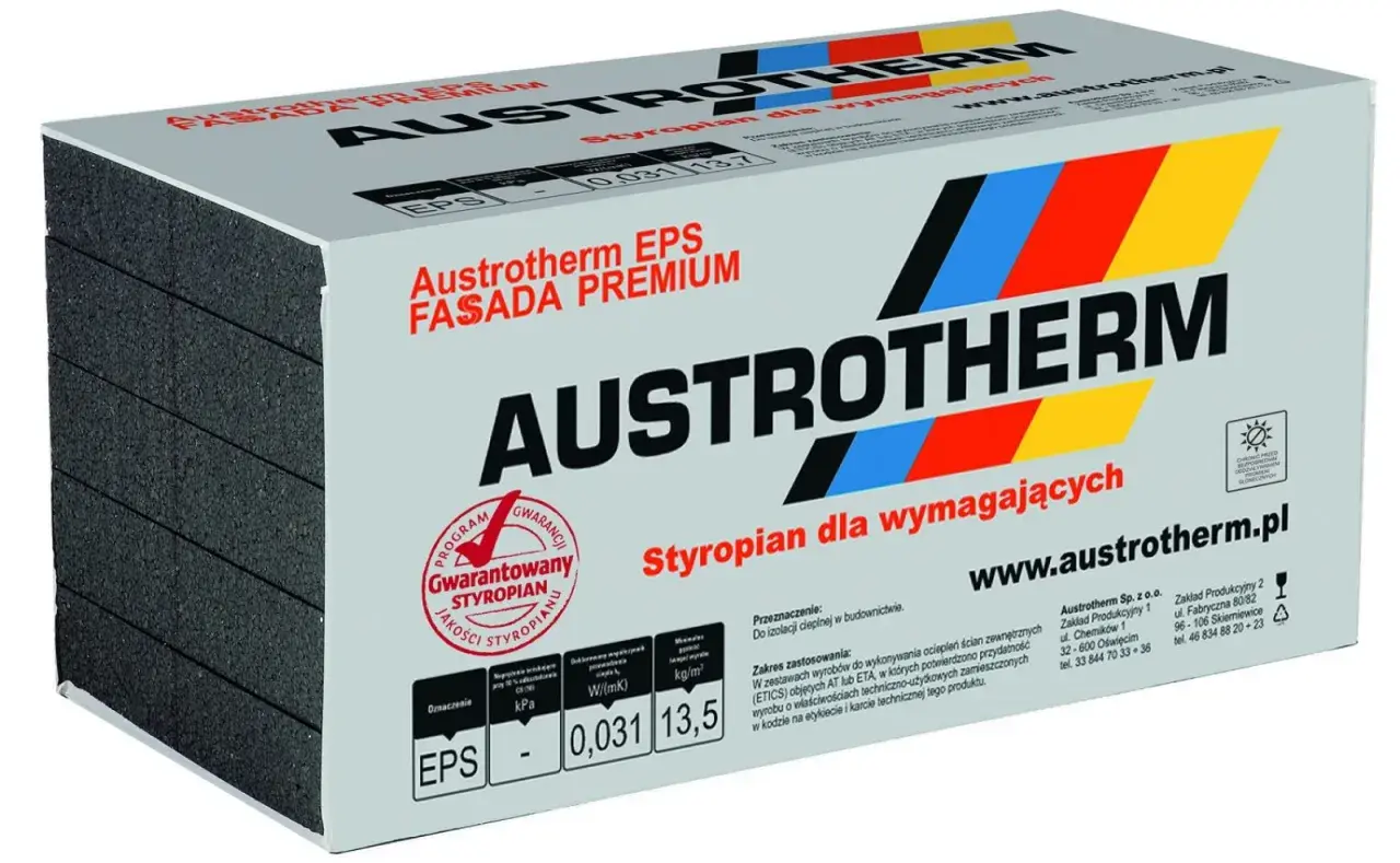 Opakowanie styropianu Austrotherm EPS Fasada Premium, idealne do izolacji wymagających budynków.