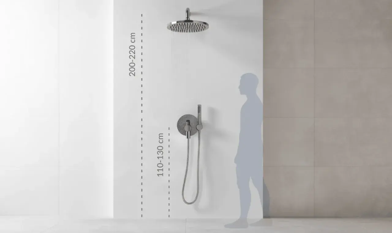 Wysokość baterii prysznicowej: deszczownica 200-220 cm, panel sterujący 110-130 cm. Idealne dopasowanie do wzrostu.