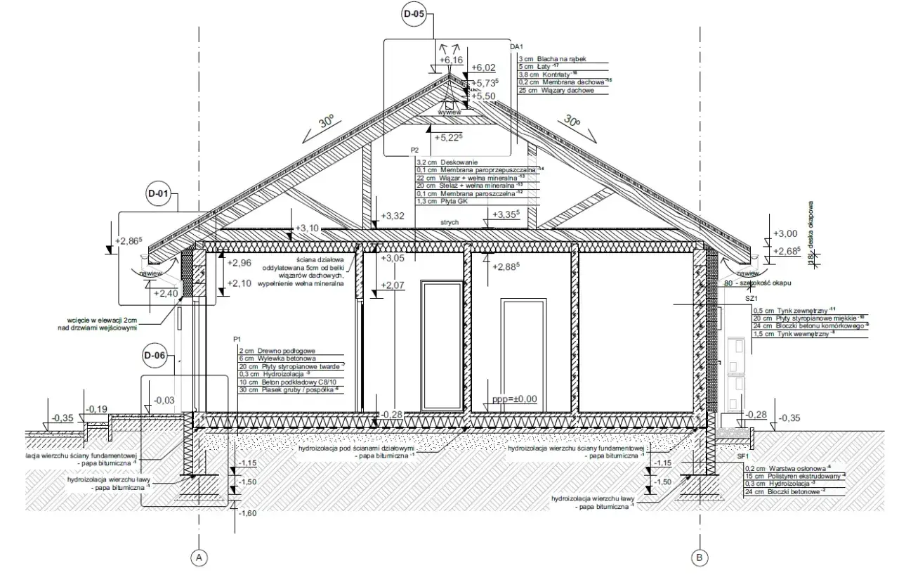 Przekrój budynku z detalami konstrukcyjnymi, izolacjami i wymiarami. Projekt budowlany.