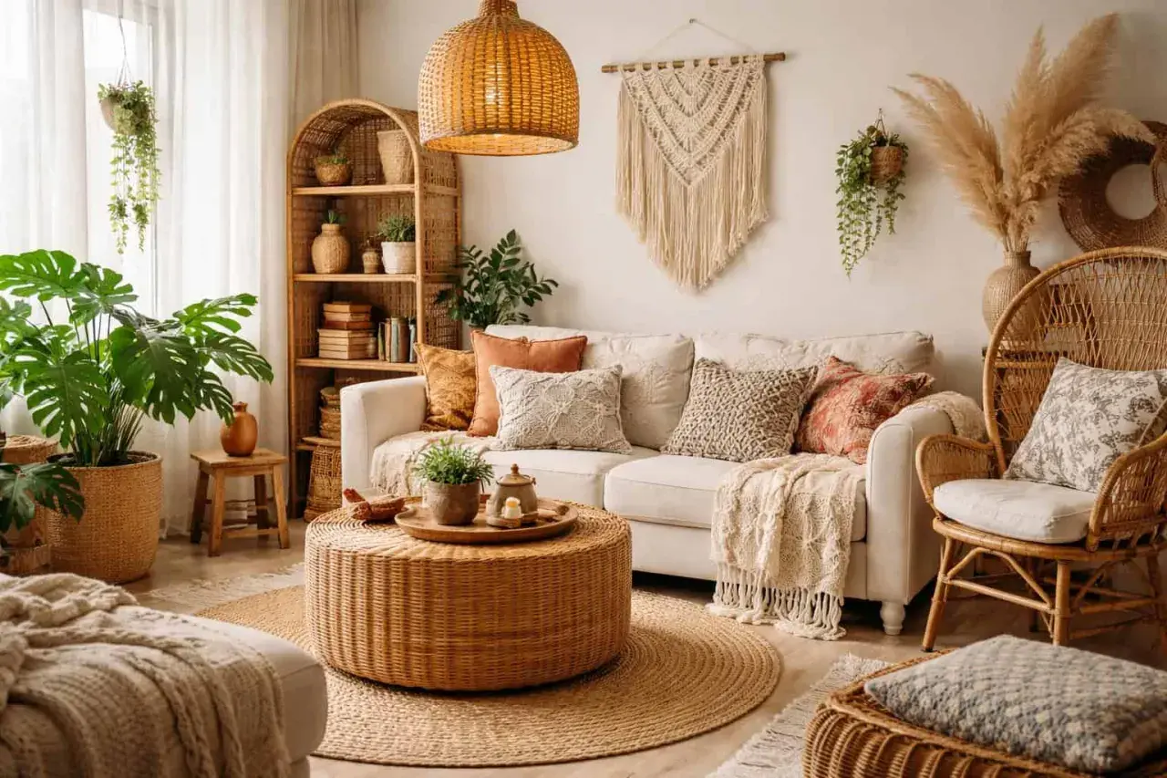 Przytulny salon w stylu boho: pleciony stolik, wiklinowe meble, makrama i mnóstwo roślin tworzą relaksującą atmosferę.