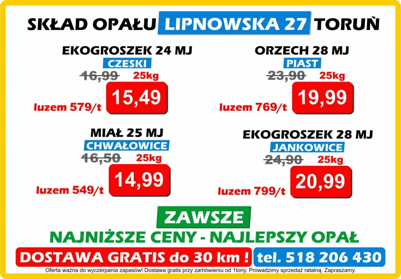 Cena węgla na składach w Toruniu: ekogroszek od 15,49 zł/25kg, orzech od 19,99 zł/25kg, miał od 14,99 zł/25kg. Dostawa gratis!