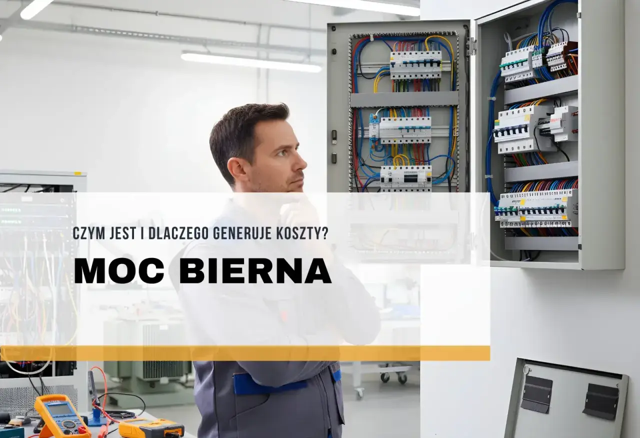 Elektryk zastanawia się nad problemem **mocy biernej**, która generuje niepotrzebne koszty. W tle widać rozdzielnice elektryczne.