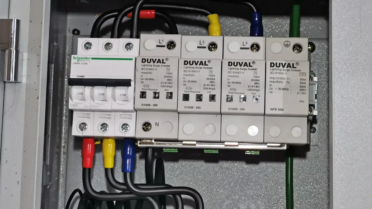 Zabezpieczenie przedlicznikowe z wyłącznikami i ochronnikami przepięciowymi DUVAL, chroniące instalację przed skutkami wyładowań atmosferycznych.