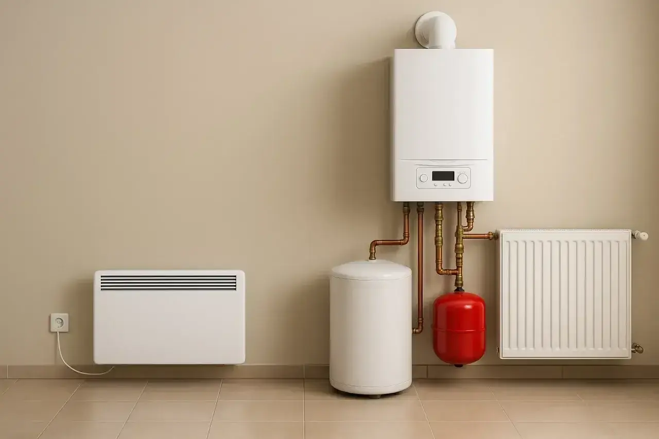Nowoczesny system ogrzewania elektrycznego: kocioł, zasobnik, grzejnik i panel ścienny.