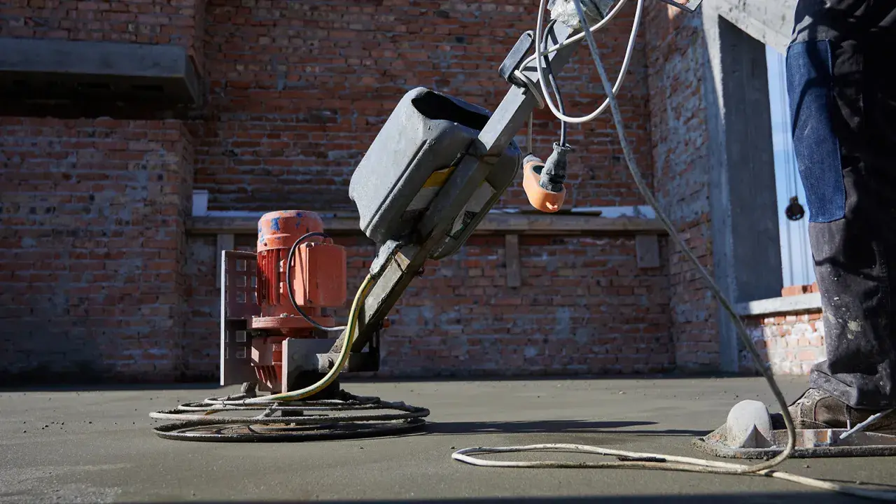 Robot do zacierania betonu pracuje na budowie. Robotnik w niebieskich spodniach kieruje maszyną, która wygładza świeżą posadzkę.