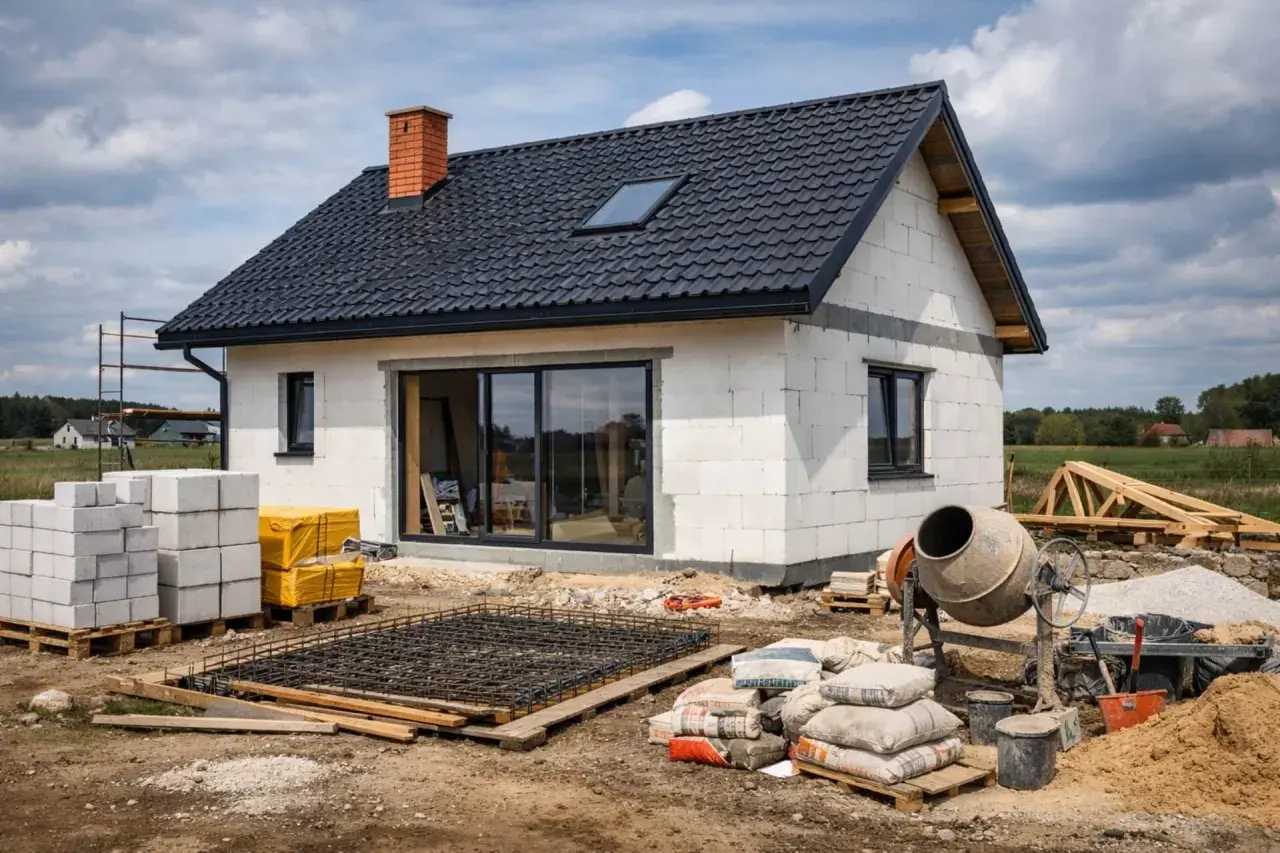 Budowa domu 80 m. Na placu budowy widać betonowe pustaki, zbrojenie, cement i betoniarkę.